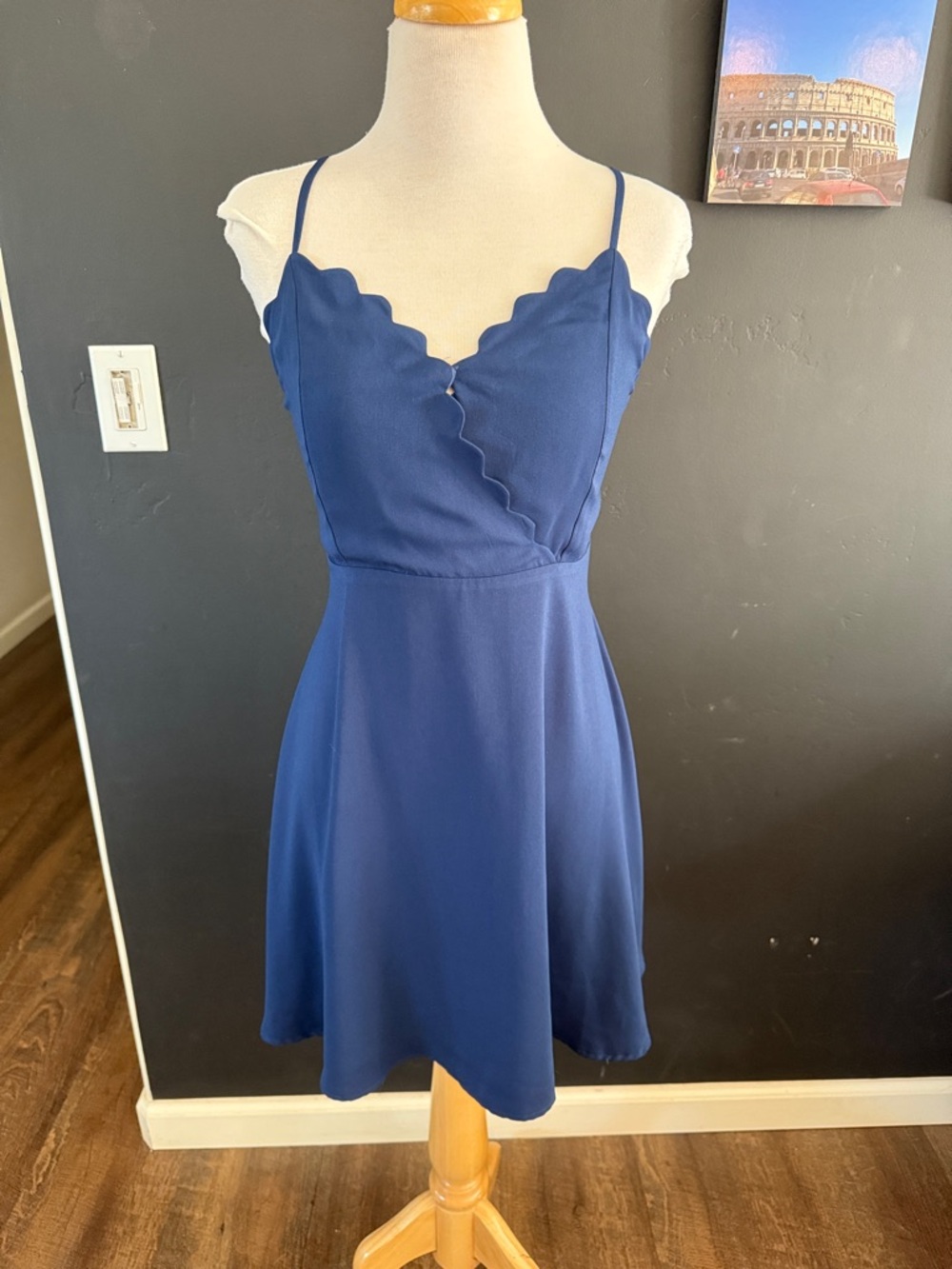 Navy Scalloped V-Neck Spaghetti Strap Mini Dress